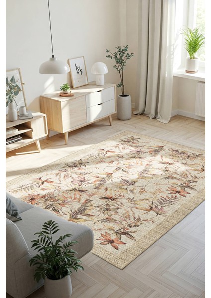 Florart Bej / Turuncu Vintage Dokulu Çiçek Desenli Dokuma Tabanlı Şönil Halı Al 470