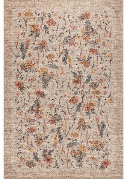 Florart Bej / Turuncu Vintage Dokulu Çiçek Desenli Dokuma Tabanlı Şönil Halı Al 470 fiyatları