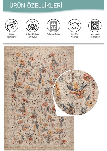 Florart Bej / Turuncu Vintage Dokulu Çiçek Desenli Dokuma Tabanlı Şönil Halı Al 470 fırsatları