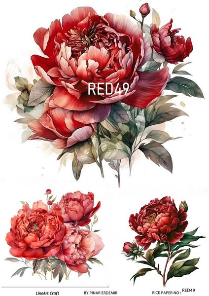 Red Serisi RED49 Kırmızı, Çiçek Desenli 30*42 cm Pirinç Dekopaj