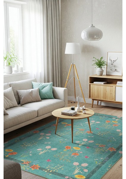 Florart Turkuaz / Turuncu Doğa Temalı Çiçekli Dokuma Tabanlı Modern Şönil Halı Al 491