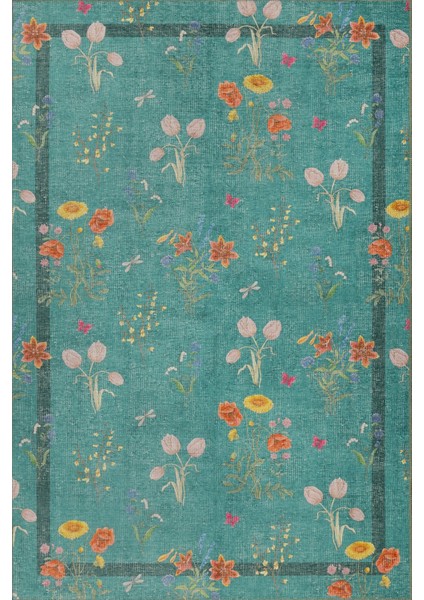 Florart Turkuaz / Turuncu Doğa Temalı Çiçekli Dokuma Tabanlı Modern Şönil Halı Al 491 fiyatları