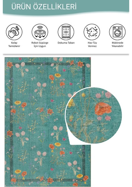 Florart Turkuaz / Turuncu Doğa Temalı Çiçekli Dokuma Tabanlı Modern Şönil Halı Al 491 fırsatları