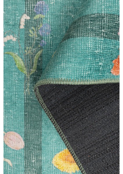 Florart Turkuaz / Turuncu Doğa Temalı Çiçekli Dokuma Tabanlı Modern Şönil Halı Al 491 indirimleri