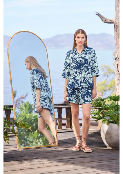 Kadın Yaprak Desenli Önü Düğmeli Gömlek Yaka Alt Üst Takım 25015 fiyatları