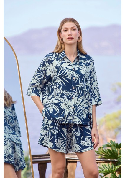 Kadın Yaprak Desenli Önü Düğmeli Gömlek Yaka Alt Üst Takım 25015 indirimleri