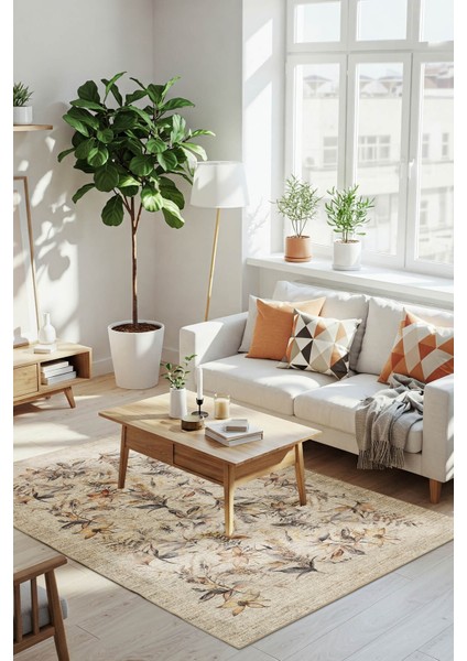 Florart Bej / Kahverengi Vintage Dokulu Çiçek Desenli Dokuma Tabanlı Şönil Halı Al 468