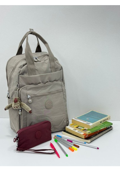 Unisex Suya Dayanıklı Krinkıl Kumaş Sırt Çantası ve Cüzdan Tipi Askılı Kalemlik