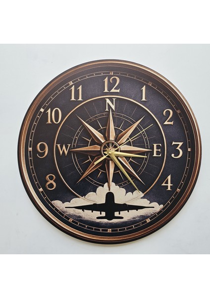 Pusula ve Uçak Temalı Duvar Saati Pilot - Havacı - Uçak Tutkunu