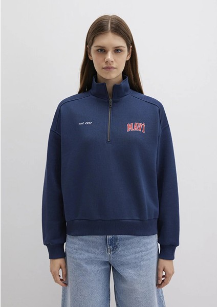 Mavi Logo Baskılı Yarı Fermuarlı Lacivert Sweatshirt 1S10373-70488