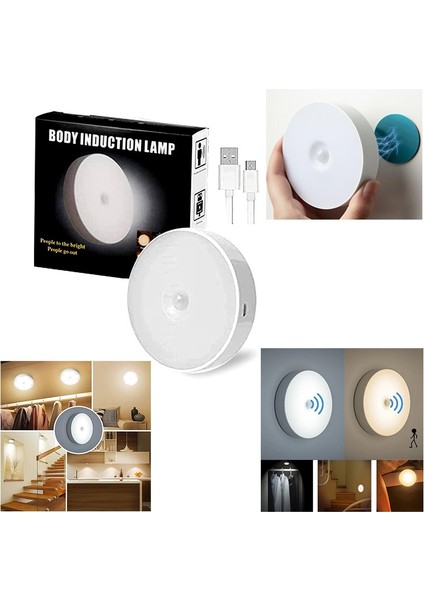 Çok Amaçlı Şarjlı Hareket Sensörlü LED Yuvarlak Lamba(Beyaz)