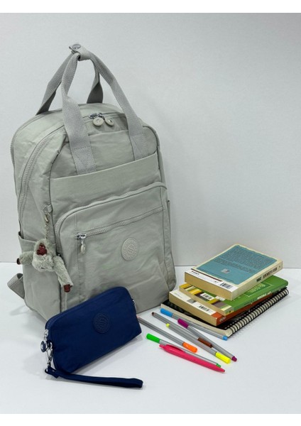 Unisex Suya Dayanıklı Krinkıl Kumaş Sırt Çantası ve Cüzdan Tipi Askılı Kalemlik