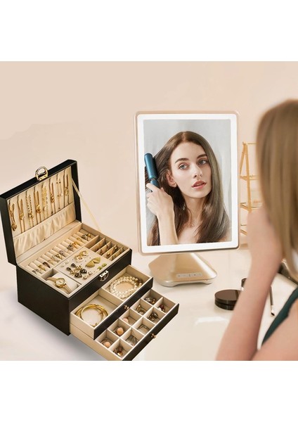 Takı Kutusu Makyaj Masası Üstü 3 Katmanlı Çok Fonksiyonlu Kilitli Siyah Deri Kaplı Organizer -Mdl8-