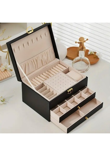 Takı Kutusu Makyaj Masası Üstü 3 Katmanlı Çok Fonksiyonlu Kilitli Siyah Deri Kaplı Organizer -Mdl8- fiyatları