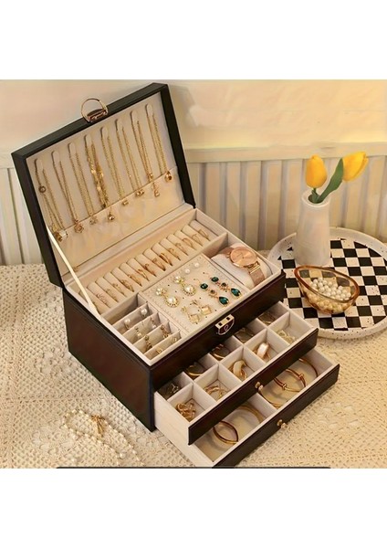 Takı Kutusu Makyaj Masası Üstü 3 Katmanlı Çok Fonksiyonlu Kilitli Siyah Deri Kaplı Organizer -Mdl8- modelleri