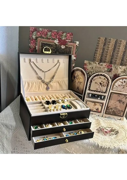 Takı Kutusu Makyaj Masası Üstü 3 Katmanlı Çok Fonksiyonlu Kilitli Siyah Deri Kaplı Organizer -Mdl8- fırsatları