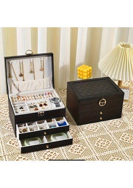 Takı Kutusu Makyaj Masası Üstü 3 Katmanlı Çok Fonksiyonlu Kilitli Siyah Deri Kaplı Organizer -Mdl8- indirimleri