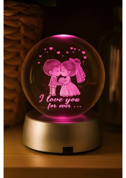 Ledli Usb'li Plastik Standlı Sevgili Çiftler I Love You Forever Kristal Küre Renkli Rgb LED 3D Lamba
