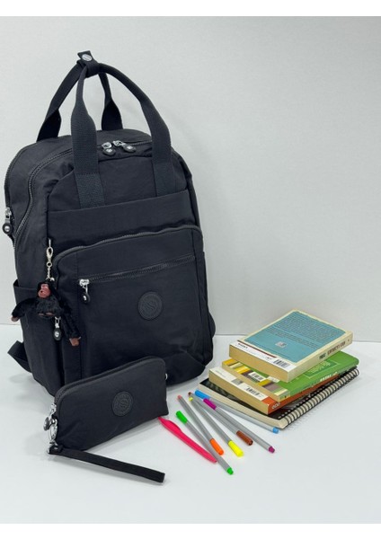 Unisex Suya Dayanıklı Krinkıl Kumaş Sırt Çantası ve Cüzdan Tipi Askılı Kalemlik