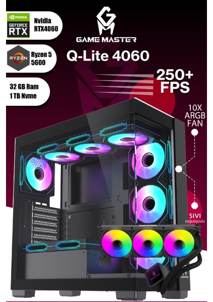 Qlite 4060 R5 5600 Cpu 32GB Ddr4 Ram 1tb M.2 RTX4060 10X Argb Fan Sıvı Soğutuculu Siyah Gaming Pc