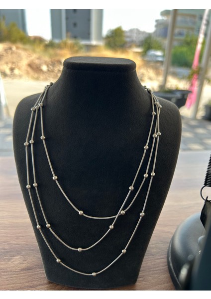 Çelik Üç Katlı Top Detaylı Kadın Kolye – Paslanmaz Çelik Zincir