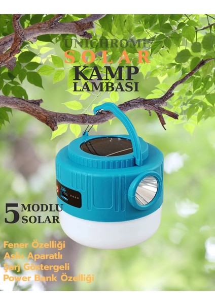 Kamp Lambası Solar Şarjlı El Feneri USB Type-C Şarj Çıkışlı Power Bank Özellikli