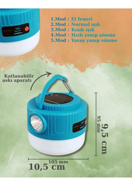 Kamp Lambası Solar Şarjlı El Feneri USB Type-C Şarj Çıkışlı Power Bank Özellikli modelleri