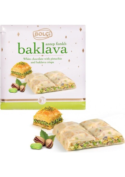 Antep Fıstıklı Baklava Parçacıklı Beyaz Tablet Çikolata 70G