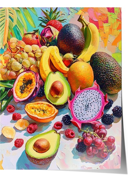 Çerçevesiz Poster, Tropikal Meyve Dilimleri Üstten Görünüm, Mutfak Dekoru Poster No: 110127