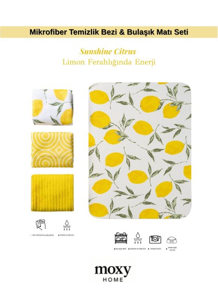 Sunshine Citrus - Limon Desenli Mikrofiber Temizlik Bezi 3'lü & Bulaşık Kurutma Matı Seti