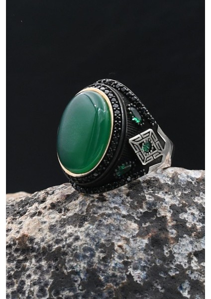 Yeşil Akik Taşlı 925 Ayar Gümüş Erkek Yüzük 902209