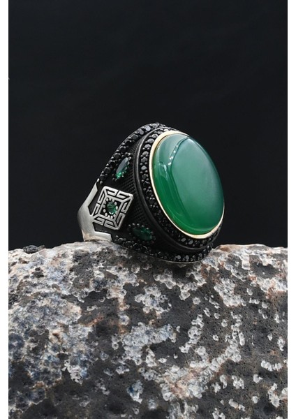 Yeşil Akik Taşlı 925 Ayar Gümüş Erkek Yüzük 902209 fırsatları