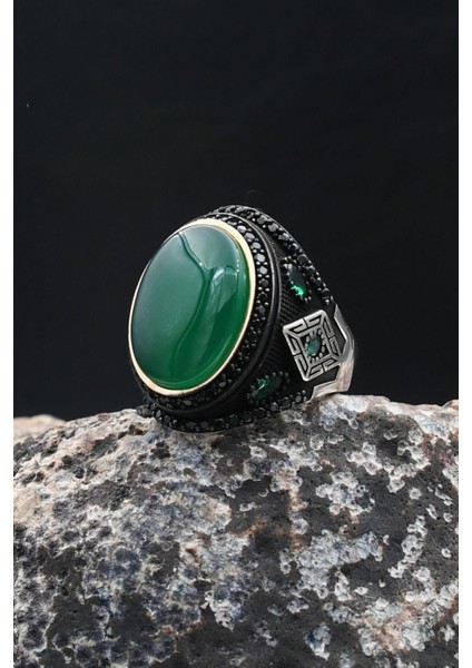 Yeşil Akik Taşlı 925 Ayar Gümüş Erkek Yüzük 902209 indirimleri