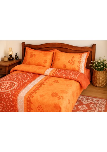 Premıum Kırmızı Turuncu Renk Pamuk Saten Çift Kişilik Nevresim Takımı Kutulu