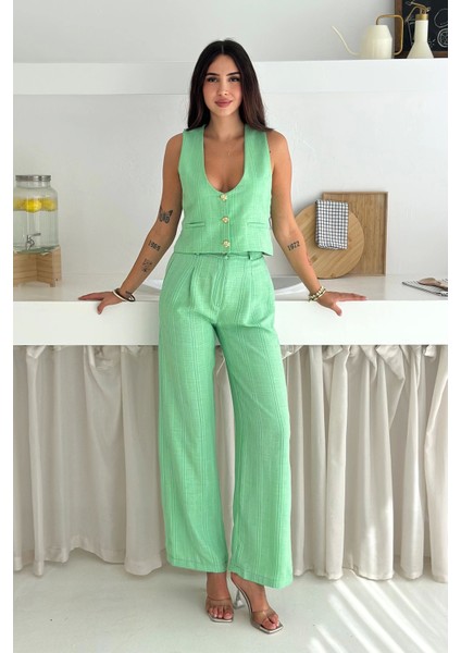 Çizgili Kumaş Yelek Takım Yeşil