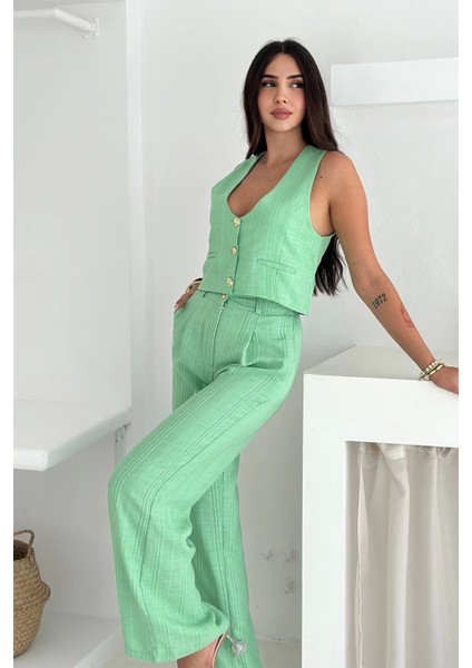 Çizgili Kumaş Yelek Takım Yeşil modelleri