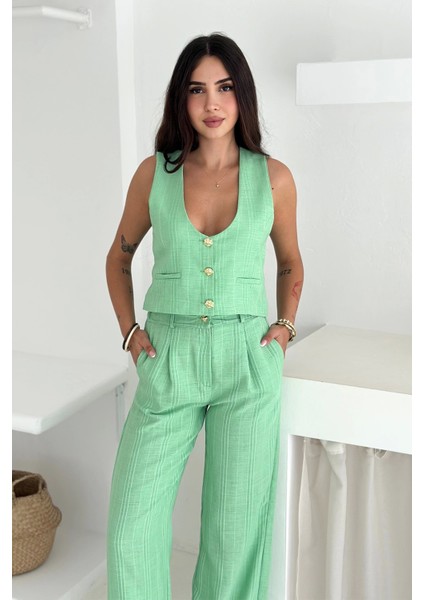Çizgili Kumaş Yelek Takım Yeşil fırsatları