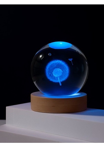 Ledli Usb'li Ahşap Standlı Karahindiba Temalı Kristal Küre Renkli Rgb LED 3D Oda Masa Gece Lambası