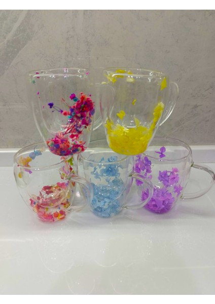 1 Adet Gerçekçi Çiçek Tasarım Çift Cidarlı Cam Kupa, Sıcak ve Soğuk Içecek Bardağı 350 ml