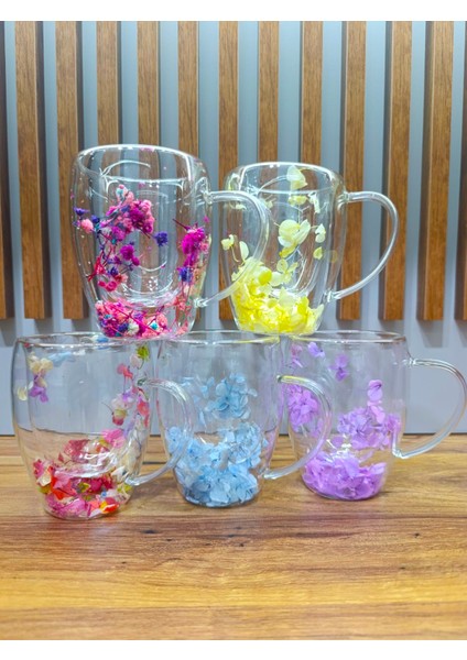 1 Adet Gerçekçi Çiçek Tasarım Çift Cidarlı Cam Kupa, Sıcak ve Soğuk Içecek Bardağı 350 ml