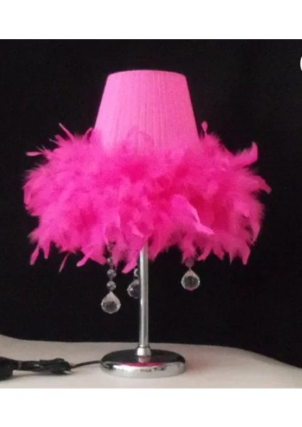 Fuşya Tüylü Taşlı Yatak Odası Abajuru