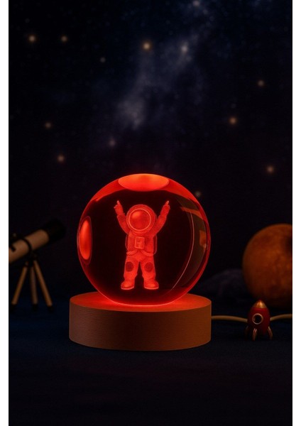 Ledli Usb'li Ahşap Standlı Astronot Temalı Kristal Küre Renkli Rgb Led 3d Oda Masa ve Gece Lambası