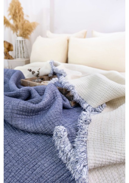 HB&Victory Müslin Mavi 6 Katlı Yorgan %100 Pamuk Deniz Mavisi Renk çift Kişilik 240X220 Cm.