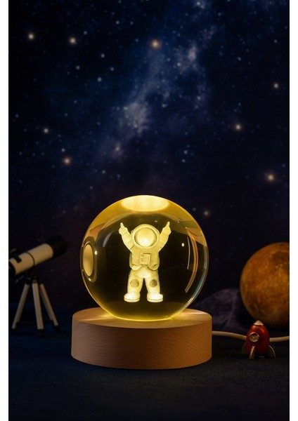 Ledli Usb'li Ahşap Standlı Astronot Temalı Kristal Küre Renkli Rgb Led 3d Oda Masa ve Gece Lambası fiyatları