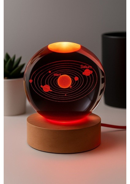 Ledli Usb'li Ahşap Standlı Güneş Sistemi Küre Temalı Kristal renkli Rgb 3D Oda Masa ve Gece Lambası fiyatları