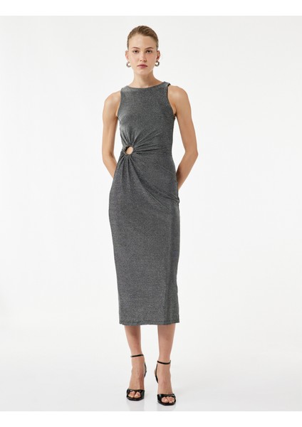 Kolsuz Bisiklet Yaka Taş Detaylı Slim Fit Elbise