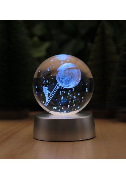 Ledli Usb'li Plastik Standlı Merdivenle Aya Çıkan Astronot Temalı Küre Renkli Rgb 3D Oda Gece Lamba