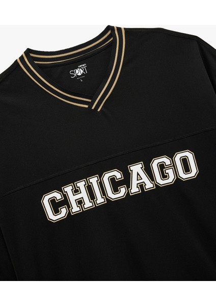 Kısa Kollu V Yaka Grogren Detaylı Baskılı Oversize Spor Tişört modelleri