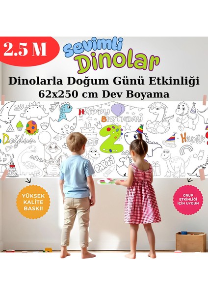 2 Yaş Doğum Günü Partisi Dinozor Temalı 2.5 M Dev Boyama Kağıdı | Eğitici Oyuncak, Kitap
