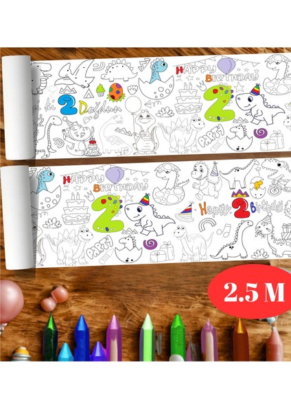 2 Yaş Doğum Günü Partisi Dinozor Temalı 2.5 M Dev Boyama Kağıdı | Eğitici Oyuncak, Kitap